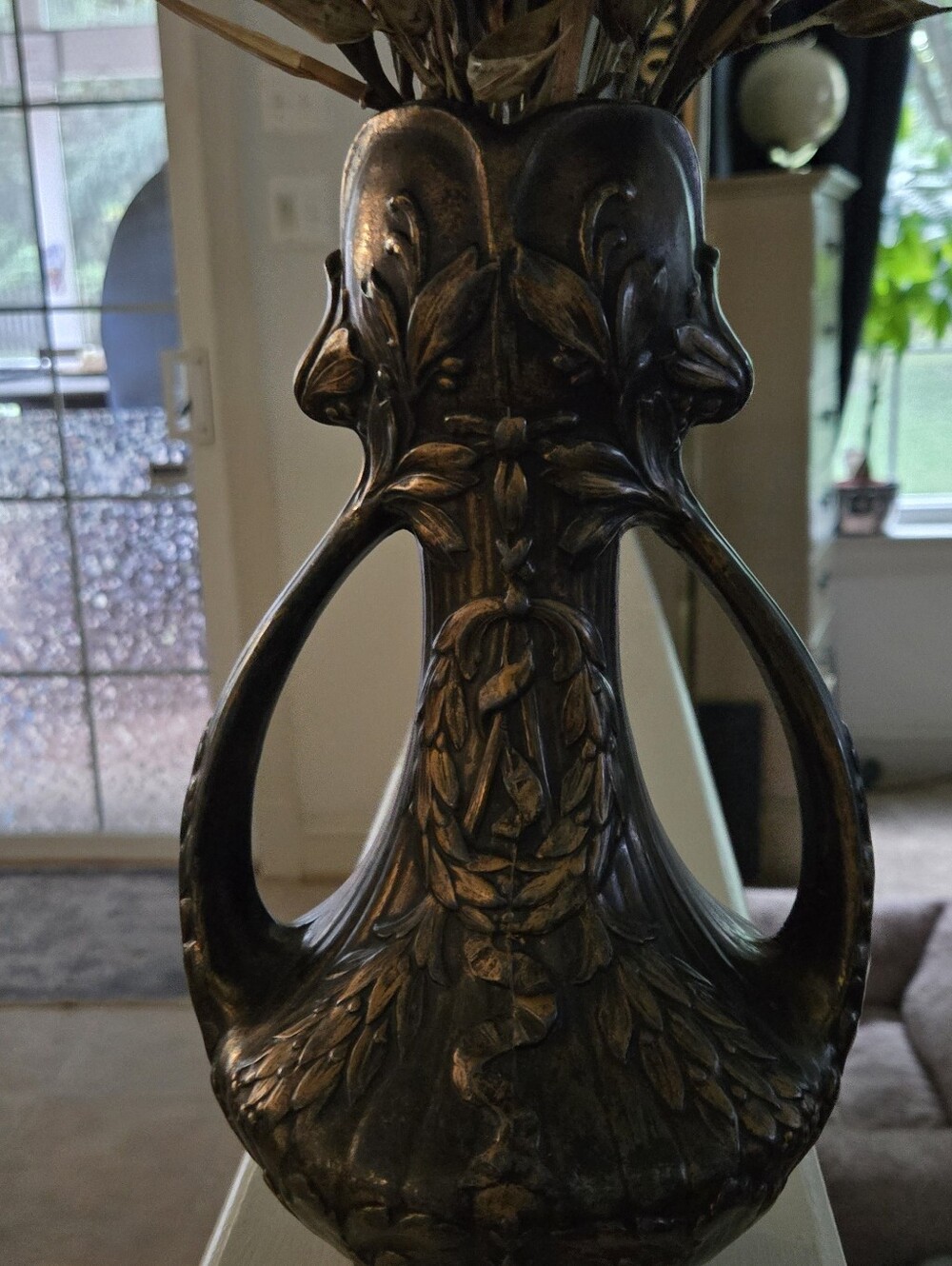 Antique-Style Ornate Decorative Vase in Aged Bronze